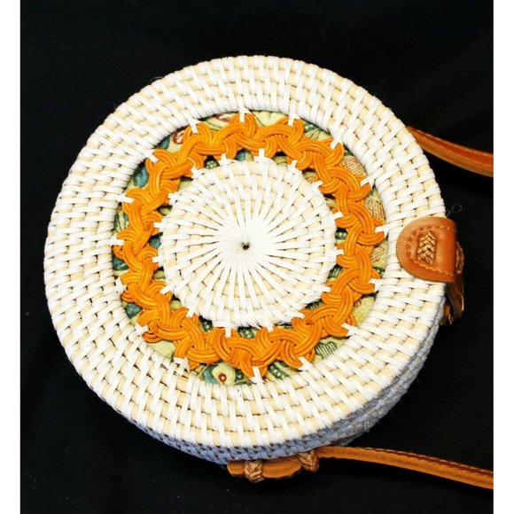Round Crossbody Sm Woven Rattan White with Orange Accent, Brown Strap - Picture 5 of 10